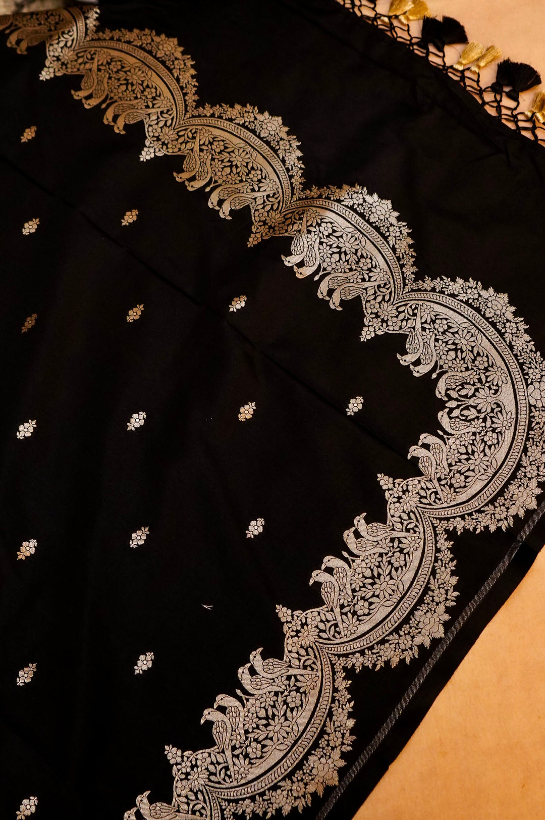 Black Banarasi Katan Silk Suit Set with Birds Motif Top and Bootidar Dupatta