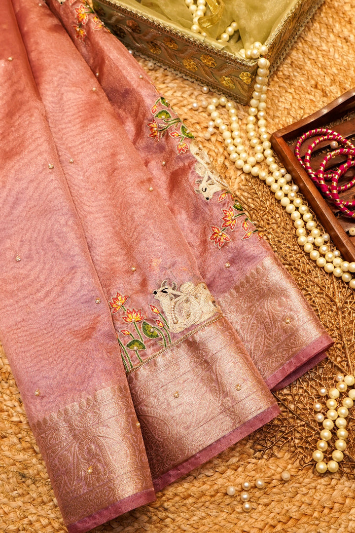 Onion Pink Maharani Tissue Silk Pichwai Motif Saree