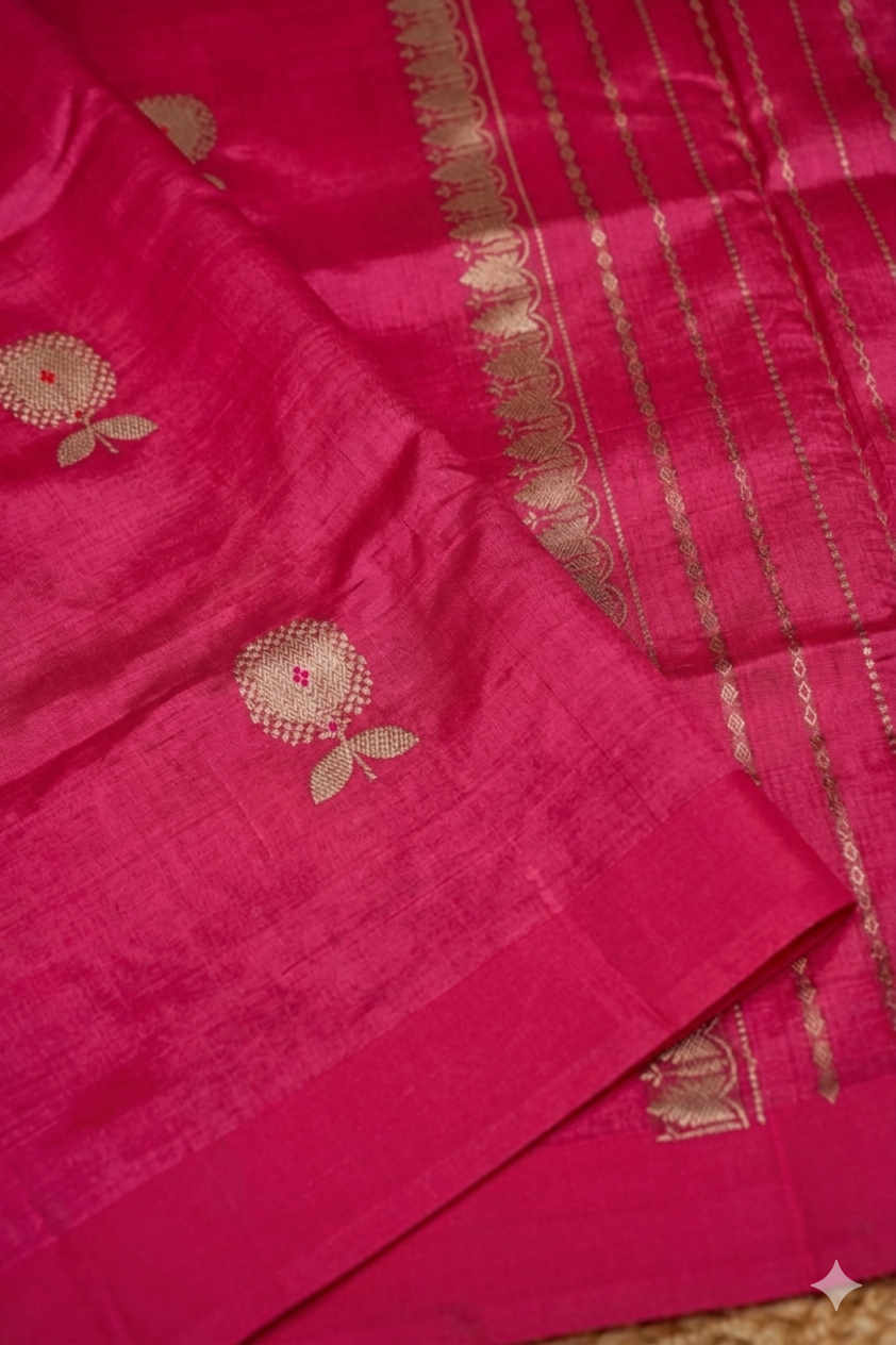 Handwoven Rani Pink Banarasi Pure Puna Silk Saree with Meenakari Booti
