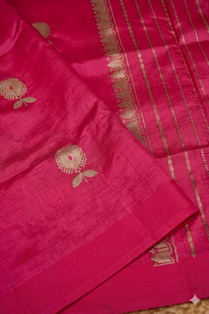 Handwoven Rani Pink Banarasi Pure Puna Silk Saree with Meenakari Booti