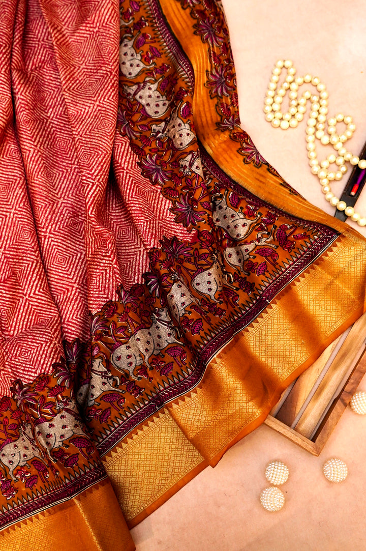 Heritage Elegance – Crepe Silk Printed Saree with Zari Weaving Border Inspired by Pichwai Art
