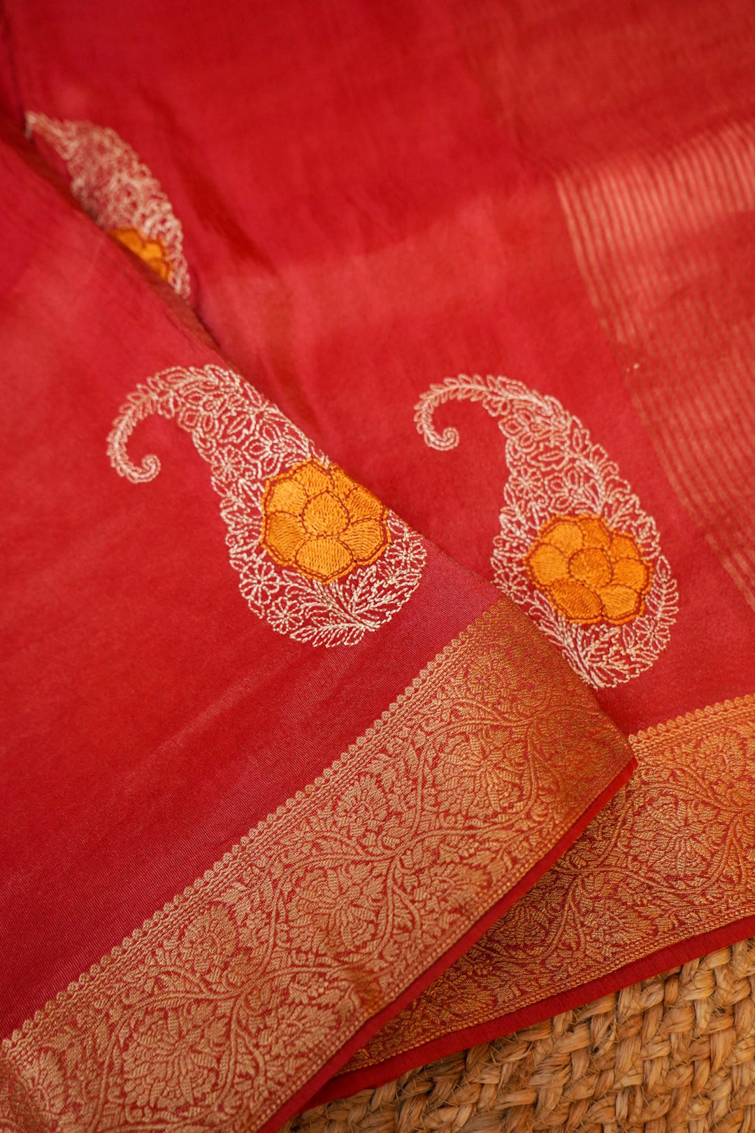 Crimson Red Soft Tissue Saree with Resham Embroidery &amp; Carry Boota
