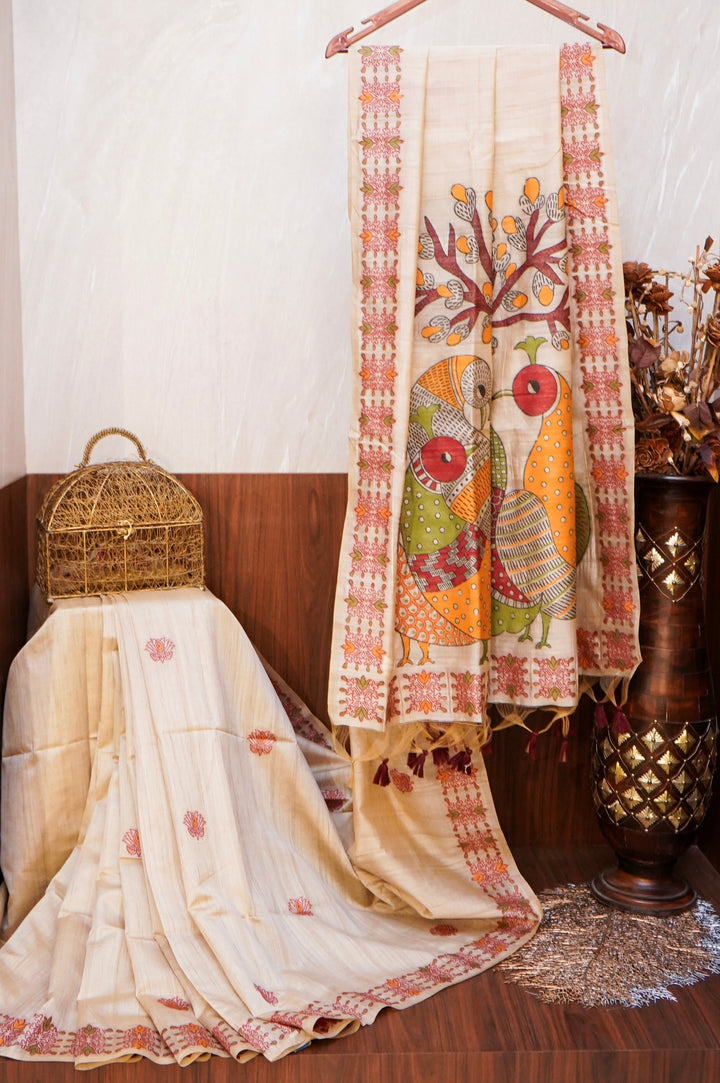 Cream Tussar Silk Saree with Meenakari Border &amp; Peacock Motif Pallu