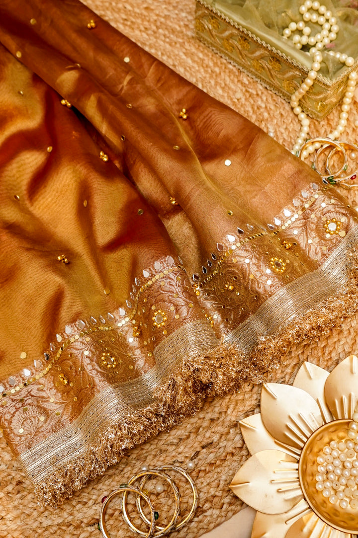 Copper Gold Viral Ghungru Saree with Mirror Work View 1