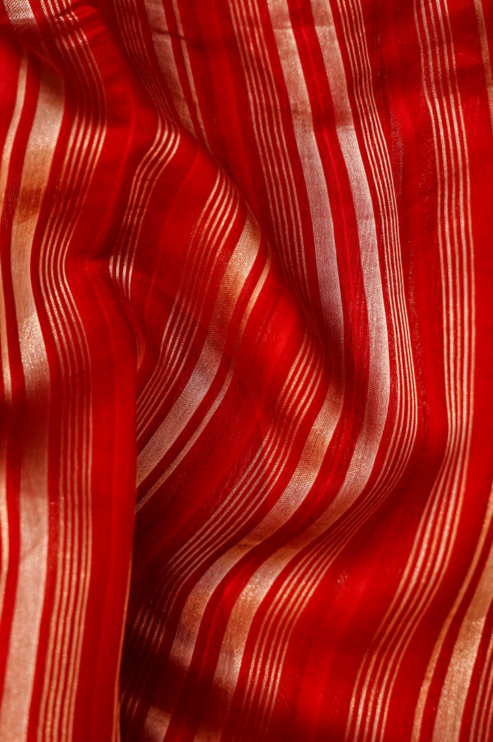 Pure Banarasi Silk Saree with Stripes & Shibori Weaving in Bridal Red