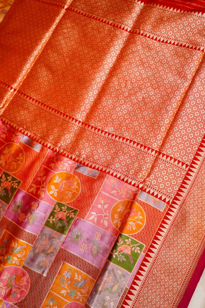 Handwoven Red Banarasi Pure Katan Silk Saree with Meenakari Floral & Bird Motifs
