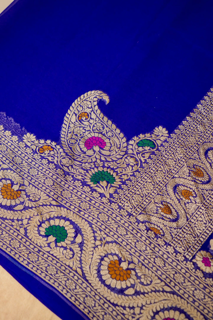 Royal Blue Banarasi Khaddi Chiffon Konia Pallu Meenakari Saree View 4