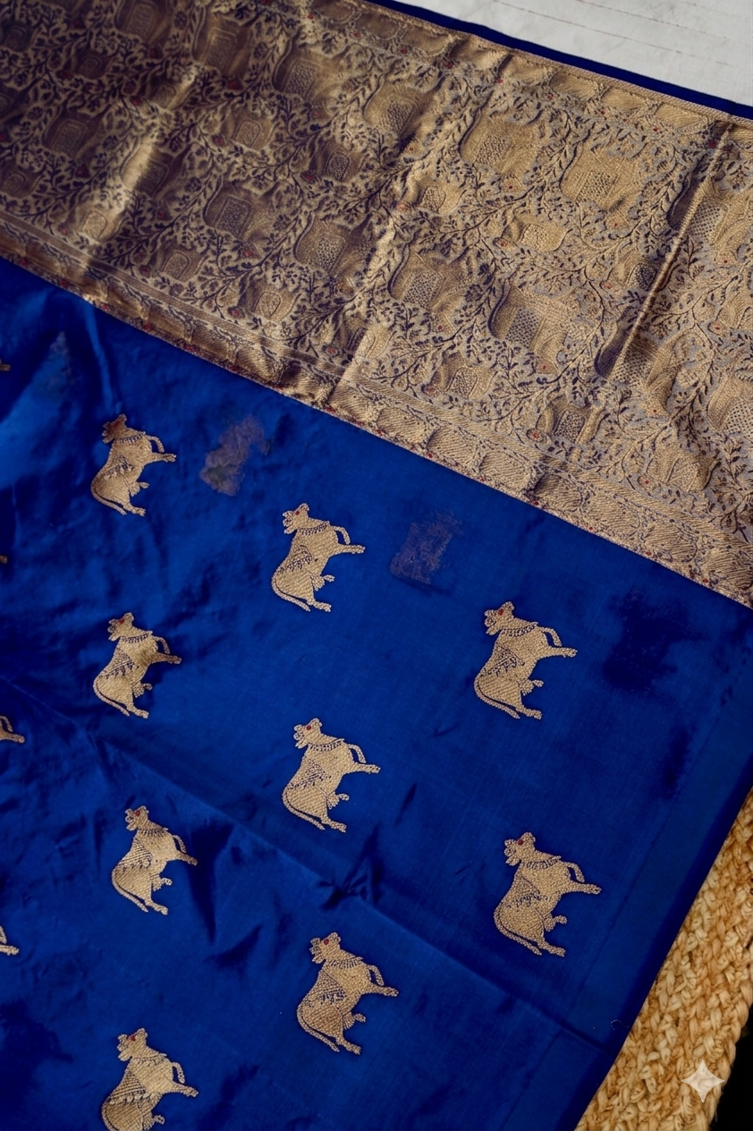 Priya Mani Inpired Royal Blue Handwoven Banarasi Pure Puna Silk Saree with Zari Nandi Motif