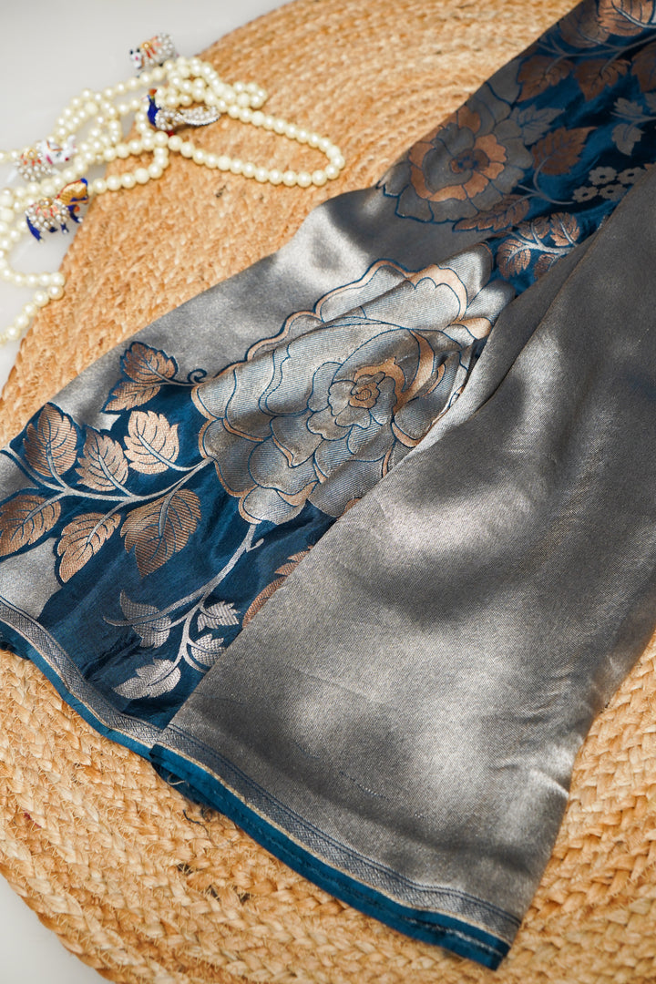 Teal Blue Pure Banarasi Crepe Tissue Saree with Contemporary Design