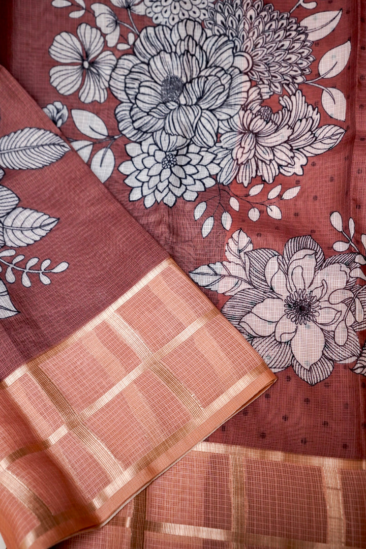 Dusty Rose Pink Kota Check Saree with Printed Body and Zari Weave Check Border View 3