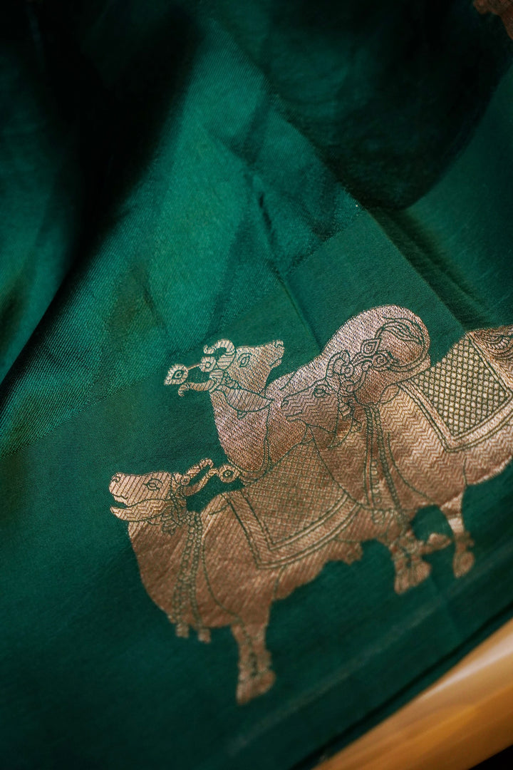 Dark Green Handwoven Banarasi Katan Silk Saree with Golden Zari Nandi Motifs