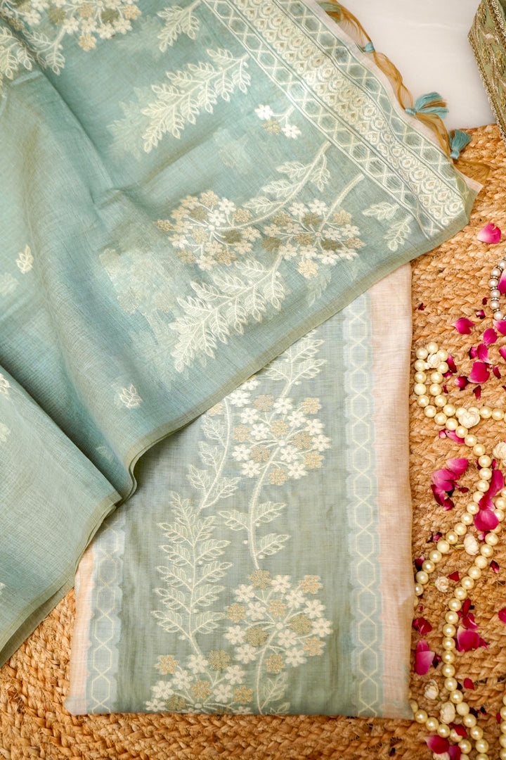 Off White &amp; Green Floral Woven Unstitched Suit Set