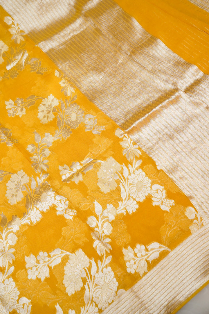 Yellow Pure Georgette Saree with Zari Weave Jangla Design