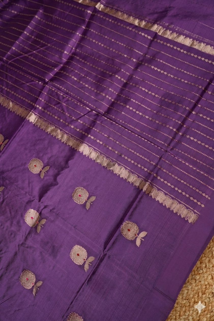 Handwoven Purple Banarasi Pure Puna Silk Saree with Meenakari Booti