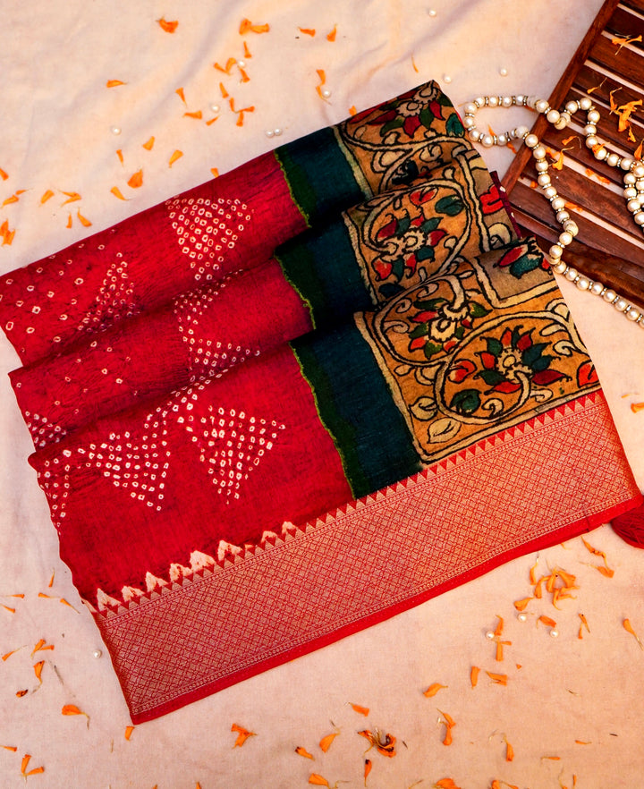 Elegant Kalamkari and Bandhej Printed Silk Saree