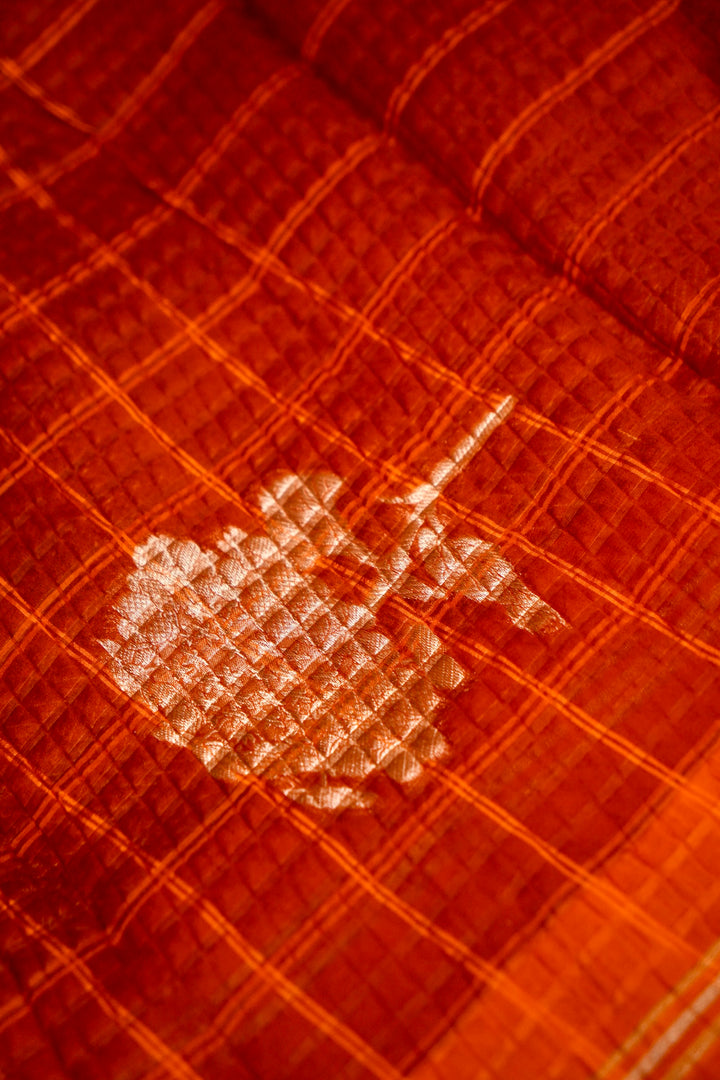 Rust Orange Checkered Grace Pure Banarasi Crush Organza Silk Saree Buti