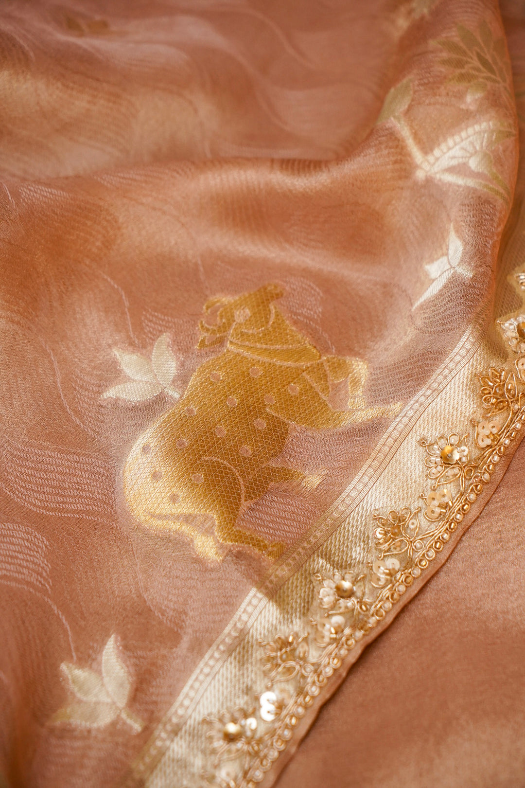 Rose Pink Tissue Silk Pichwai Inspired Sona Rupa Zari Weave Saree View 8