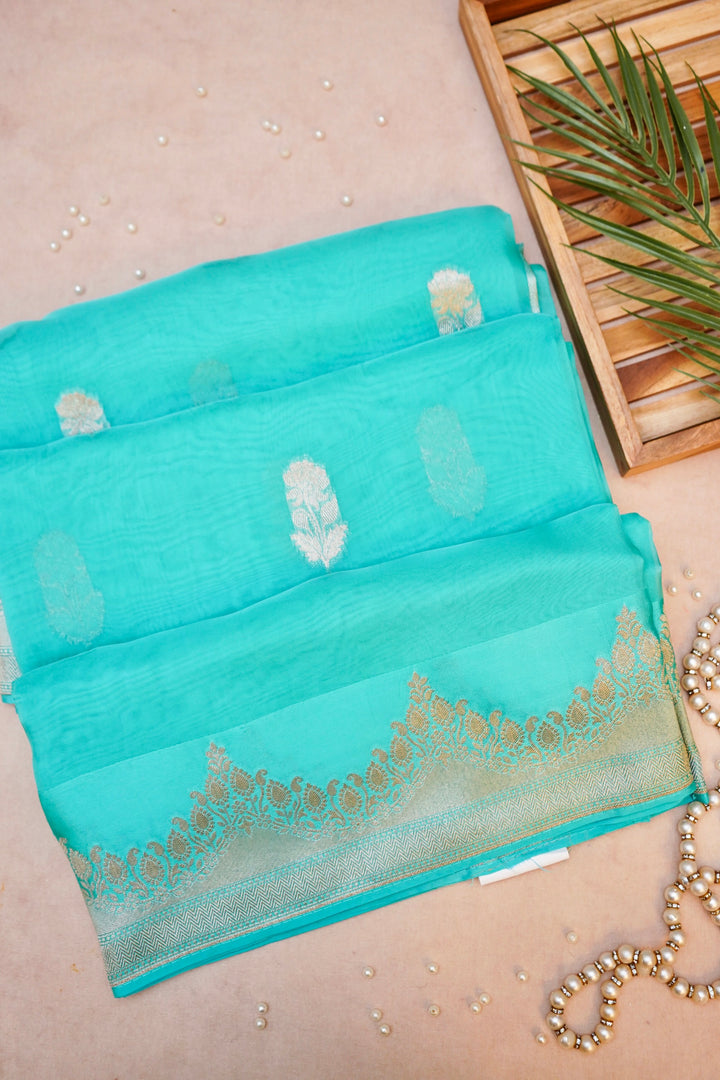 Aqua Blue Banarasi Kora Silk Saree with Zari Woven Laheriya Border