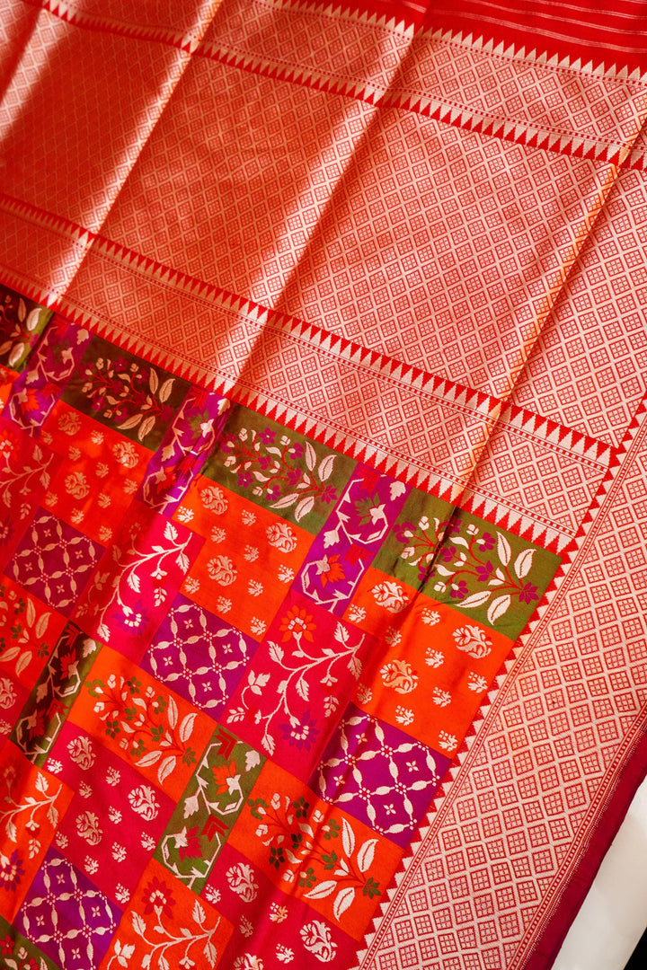 Handwoven Red Rangkat Banarasi Pure Katan Silk Saree with Zari & Thread meenakari floral Motifs