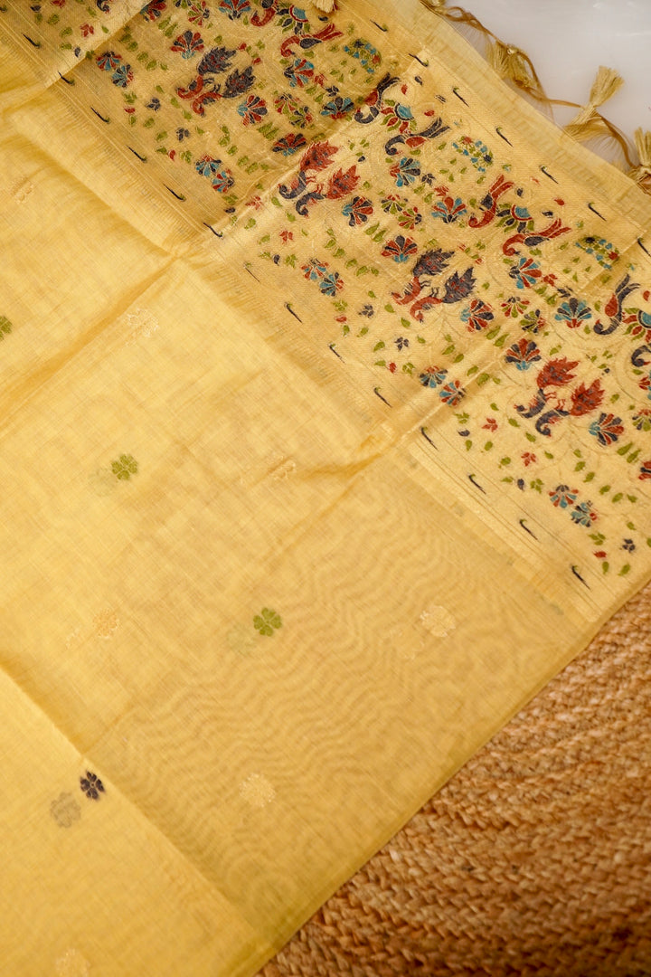 Yellow Handwoven Cotton Unstitched Suit Set with Peacock Woven Dupatta