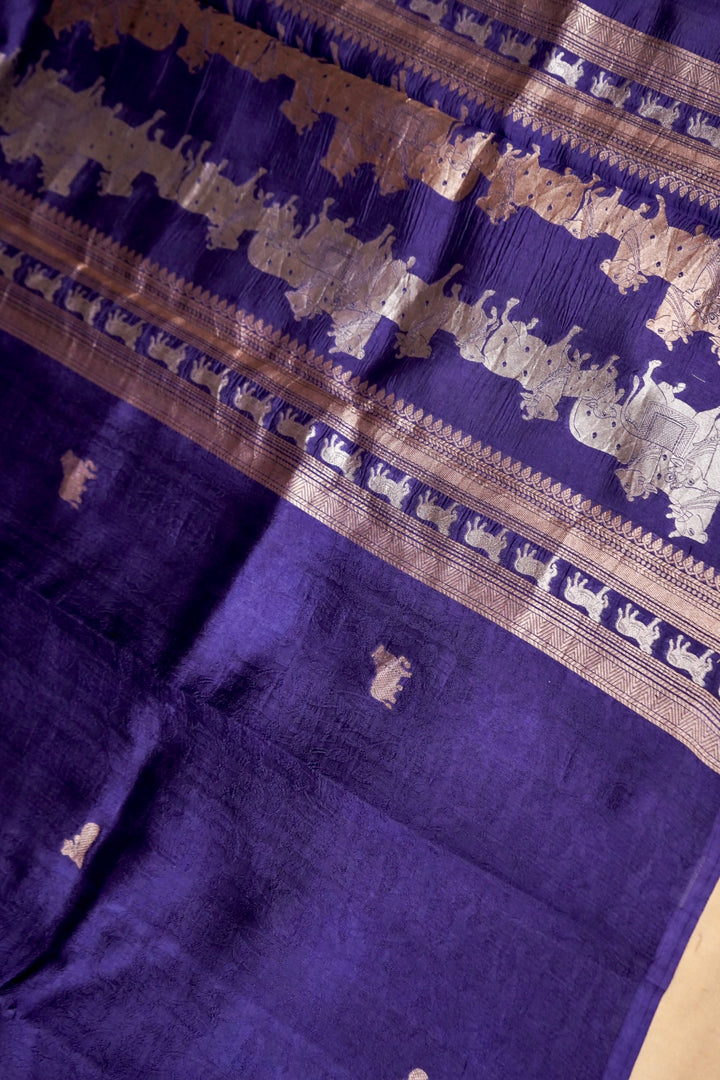 Navy Blue Elegance Banarasi Handloom Pure Tanchoi Saree Open View