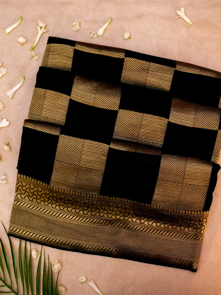 Elegant Black Banarasi Khaddi Georgette Saree with Exquisite Zari Weave Checks