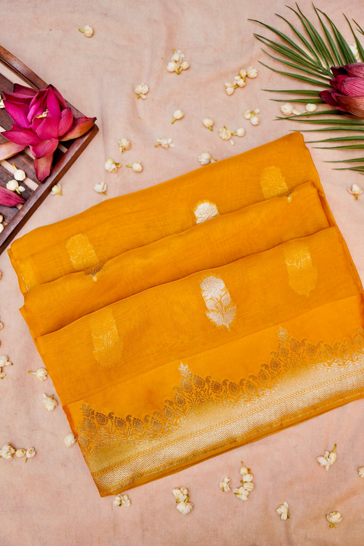 Radiant Mustard Yellow Banarasi Kora Silk Saree Handwoven Bootidar Zari with Leheriya Border