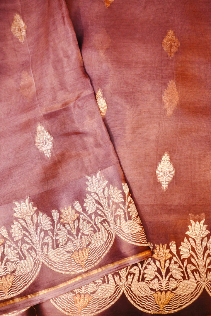 Graceful Dusty Rose Sonaroopa Muslin Organza Festive Saree