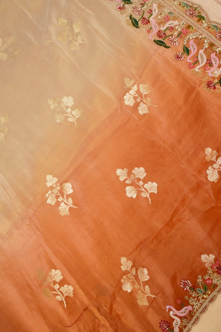 Beige Gold and Orange Lehenga Pattern Half Half Tissue Silk Meenakari Embroidery Saree View 5
