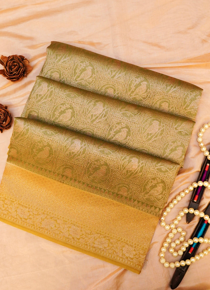 Handwoven Banarasi Pure Olive Green Chanderi Silk Saree with Yellow Contrast Border