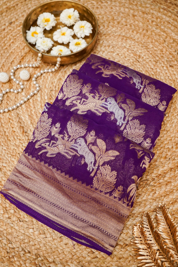 Dark Purple Pure Georgette Shikargah Saree with Zari Weave Animal Motifs