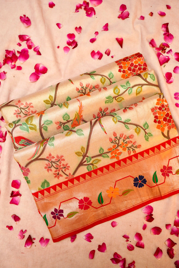 Beige Banarasi Tissue Silk Meenakari Saree with Paithani Border Pallu