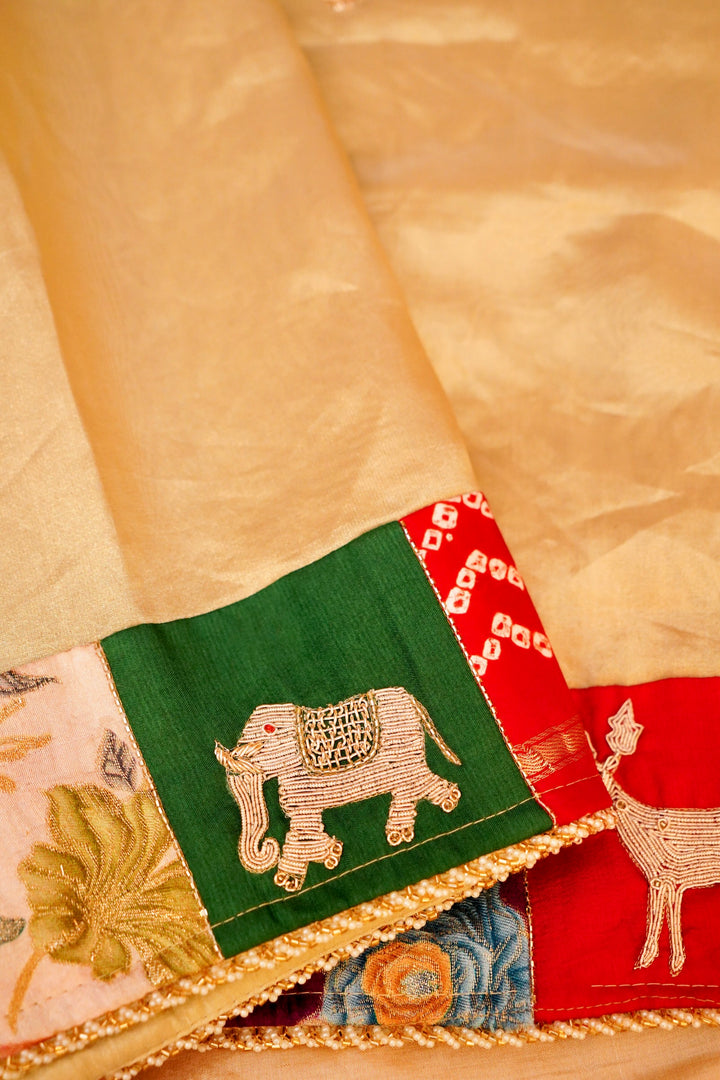 Golden Pure Tissue Saree with Multicolor Patchwork Embroidered Border