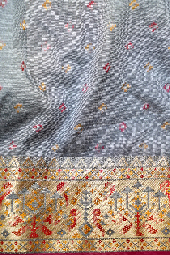 Grey Soft Silk Ikat Inspired Saree with Golden Zari Heavy Border & Pallu