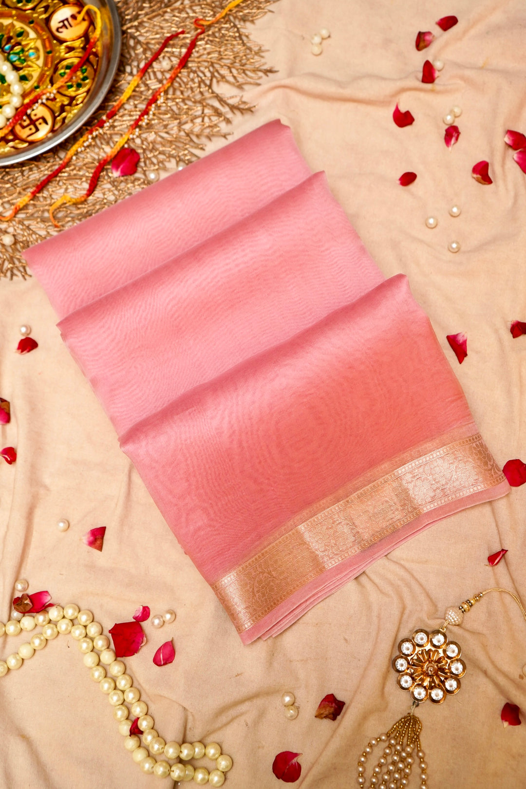 Baby Pink Zari Grace Border Pure Organza Silk Saree Cover View