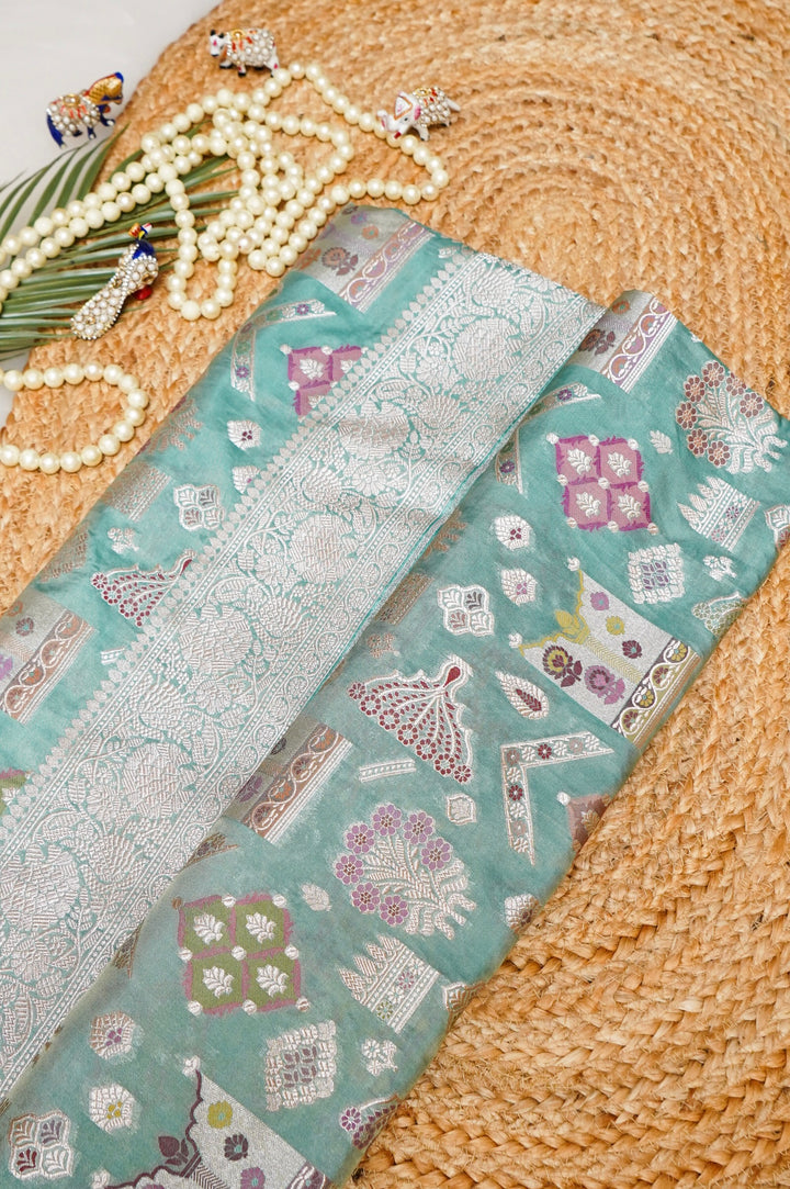 Handwoven Sea Green Pure Tissue Katan Silk Meenakari Jaal Saree