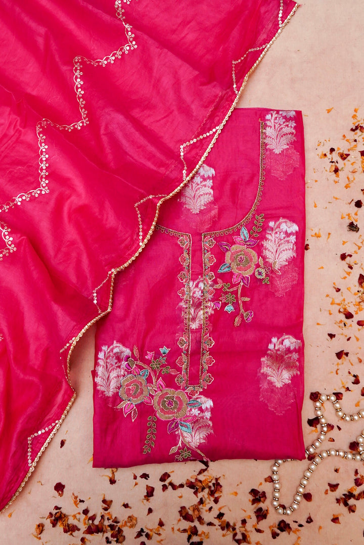 Pink Pure Mul Silk Suit with Zardozi Neckline and Pitta Zari Dupatta