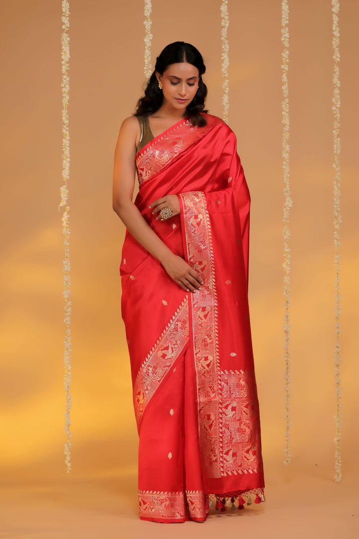 handwoven red bridal banarasi pure mashru silk shikargah weaving saree front view 1