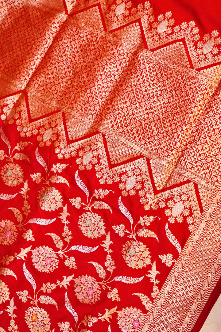 Regal Red Bridal Banarasi Pure Katan Silk Meenakari Jangla Saree