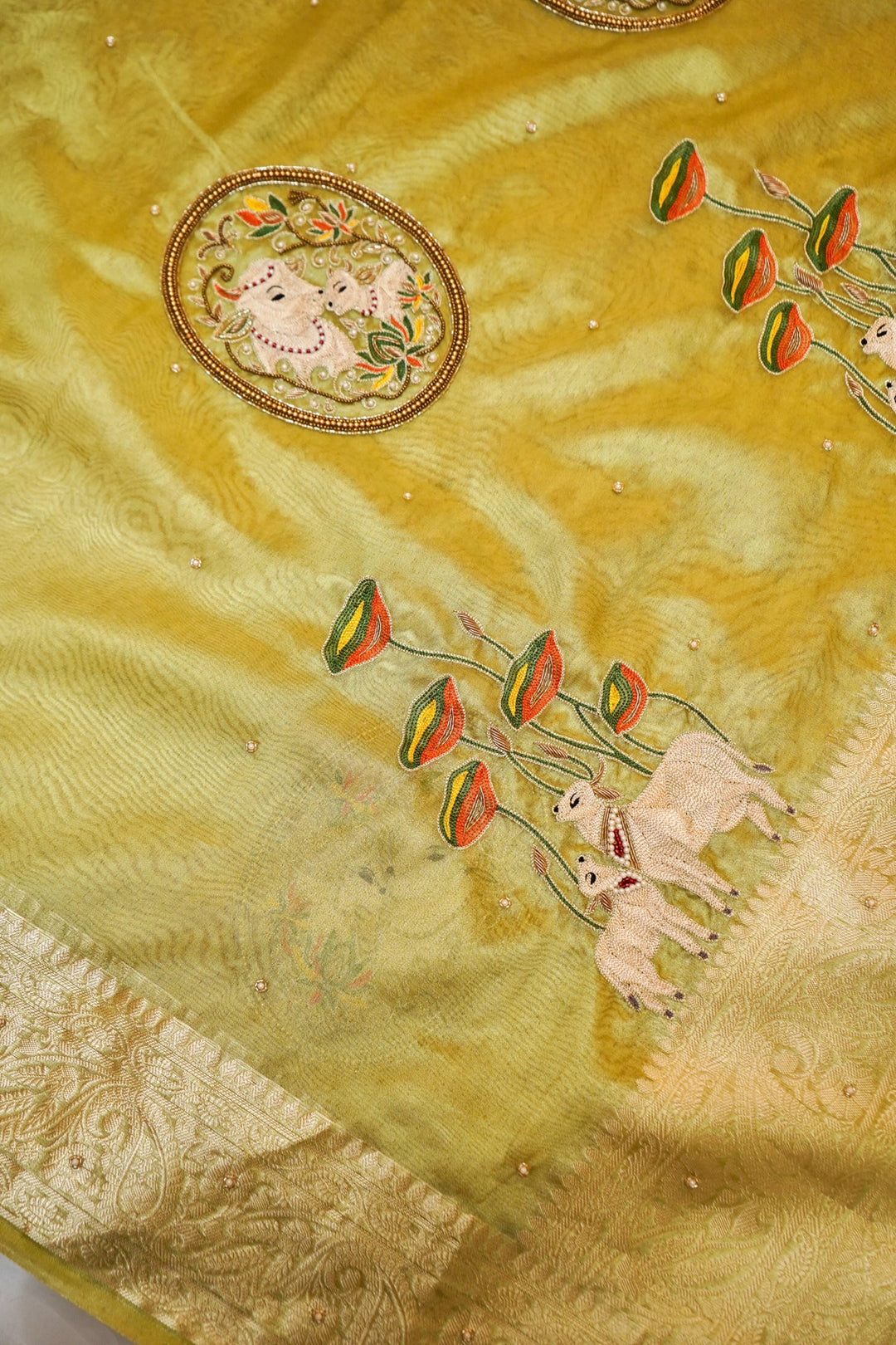 Maharani Tissue Silk Pichwai Pichwai Motif Saree in Mint Green Hue
