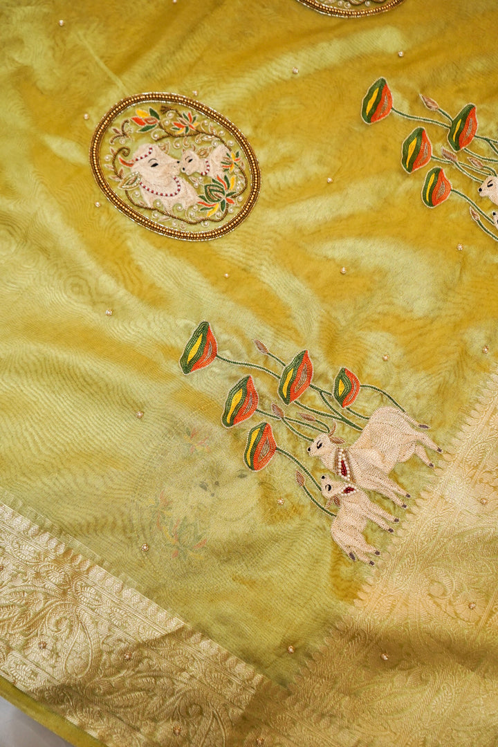 Maharani Tissue Silk Pichwai Pichwai Motif Saree in Mint Green Hue