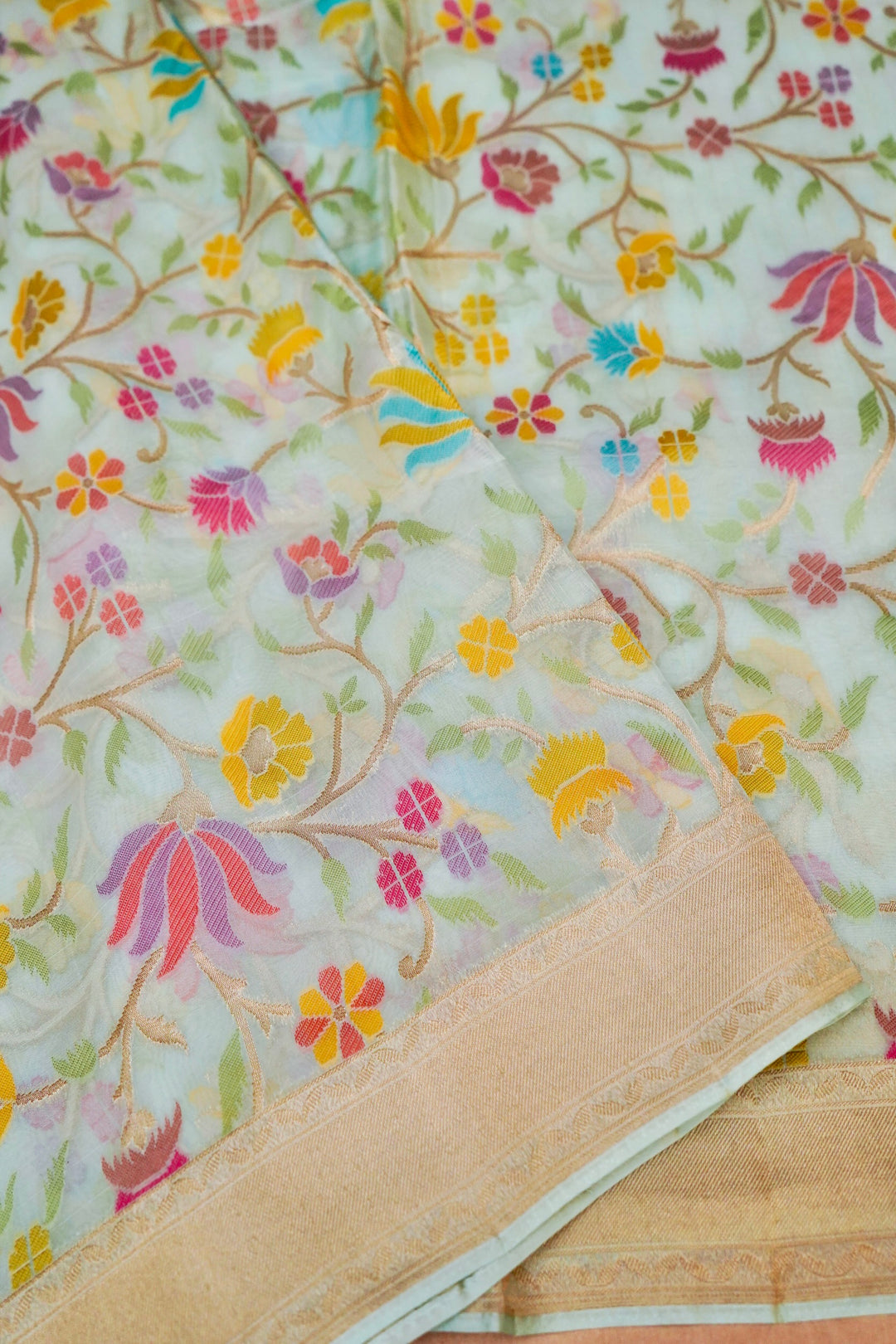 Elegant Serenity Powder Blue Kora Silk Saree with Tilfi Zari & Meenakari Jaal Weave