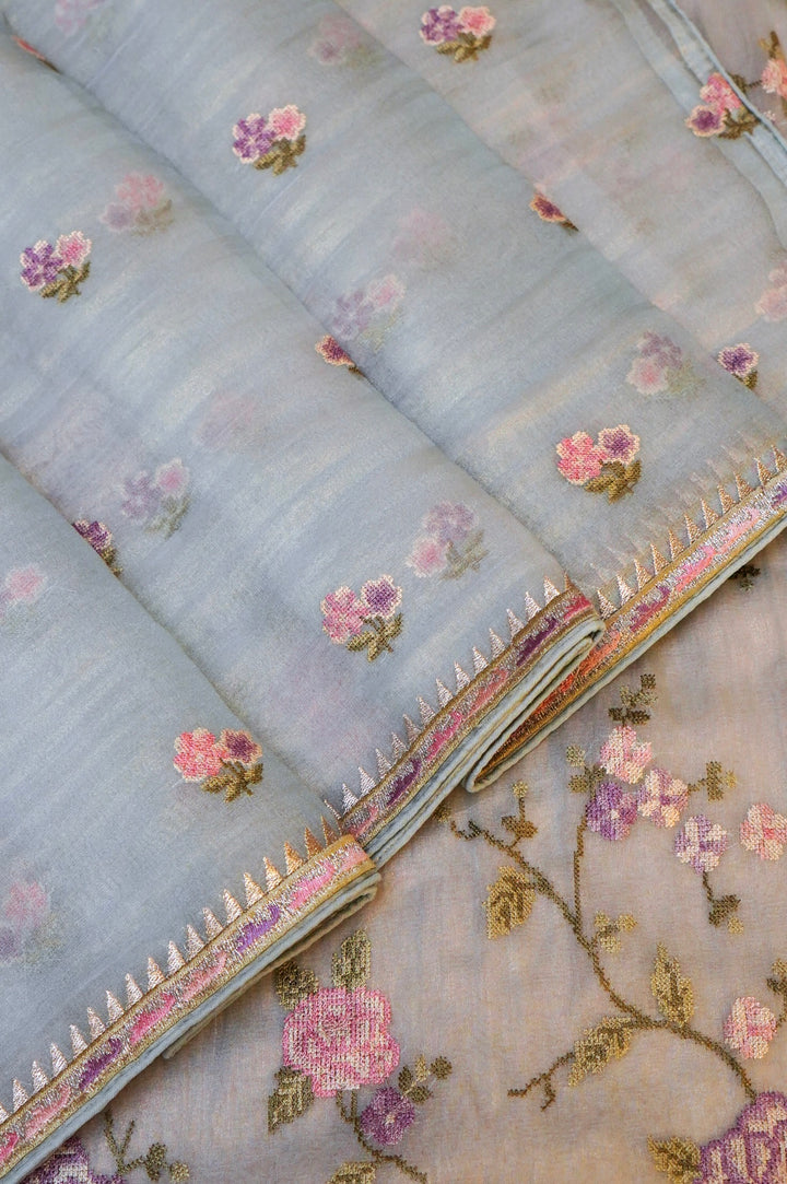 Sky Blue Banarasi Crush Tissue Silk Suit Set with Embroidery Work