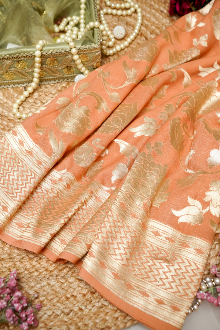 Elegant Peach Handloom Pure Banarasi Georgette Tussar Silk Saree