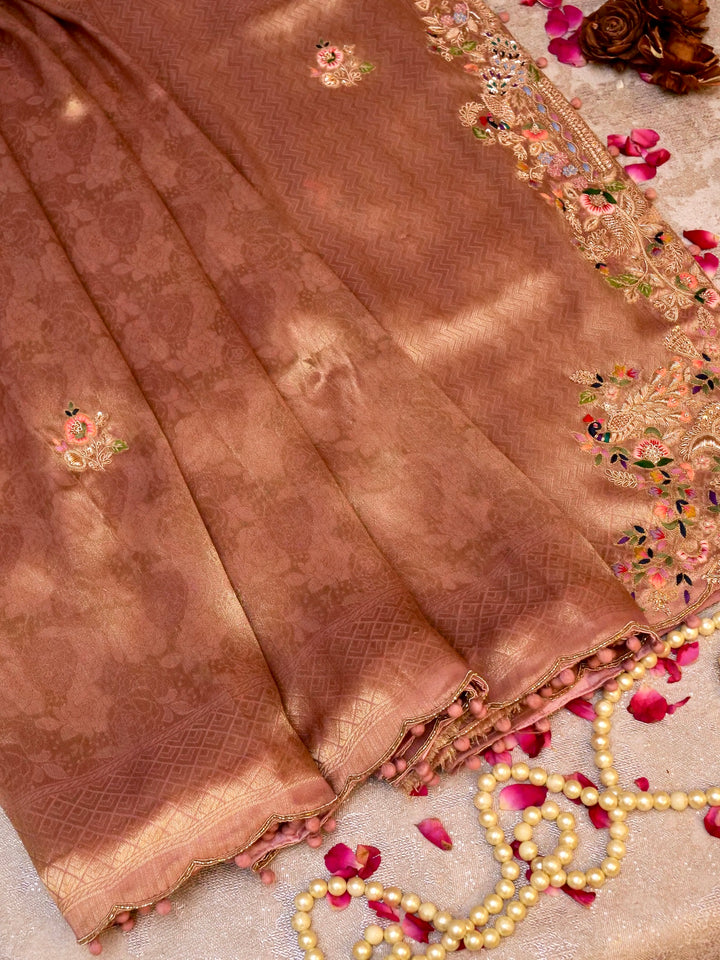 Copper Gold Banarasi Brocade Silk Saree with Zardozi and Resham Work