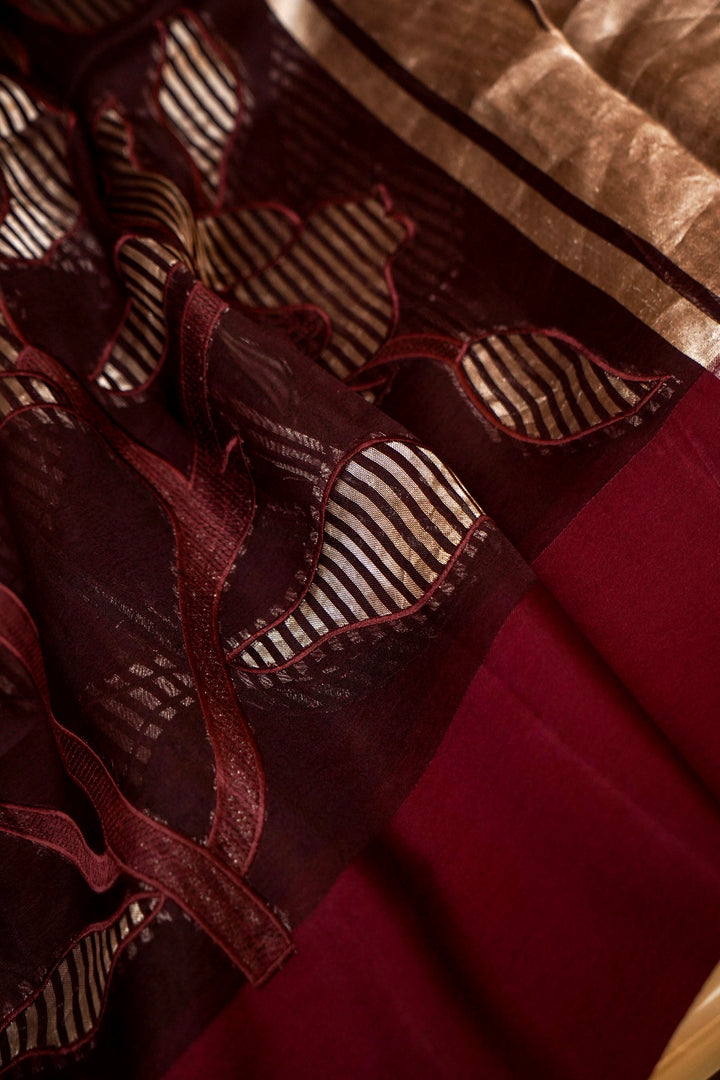 Elegance Coffee Brown Pure Organza Appliqué Work Banarasi Brocade Saree View 6