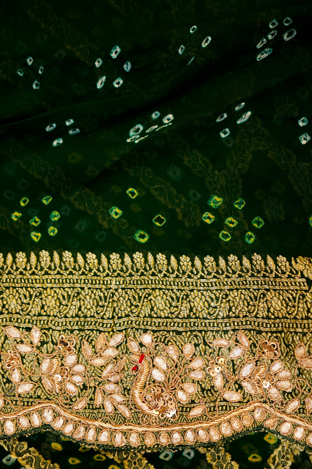 Regal Charm of Handwoven Banarasi Pure Green Khaddi Georgette Bandhej Saree