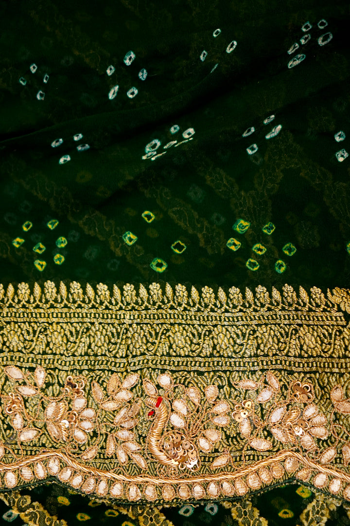 Regal Charm of Handwoven Banarasi Pure Green Khaddi Georgette Bandhej Saree