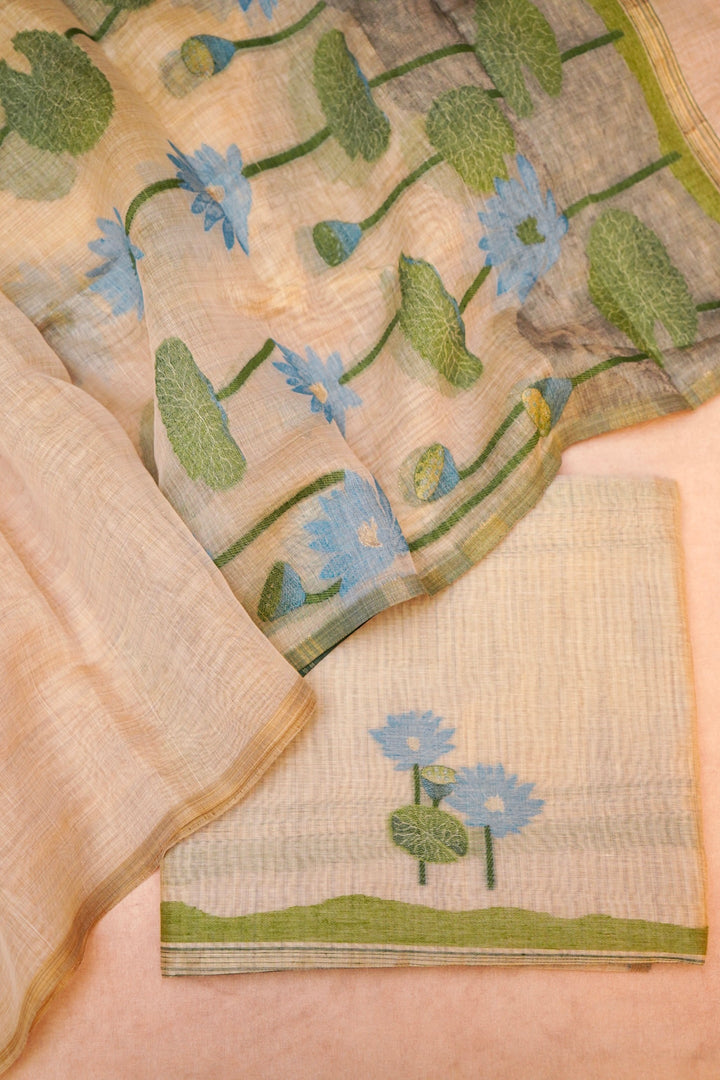 Beige-Gold Cotton Silk Suit Set with Thread Embroidery