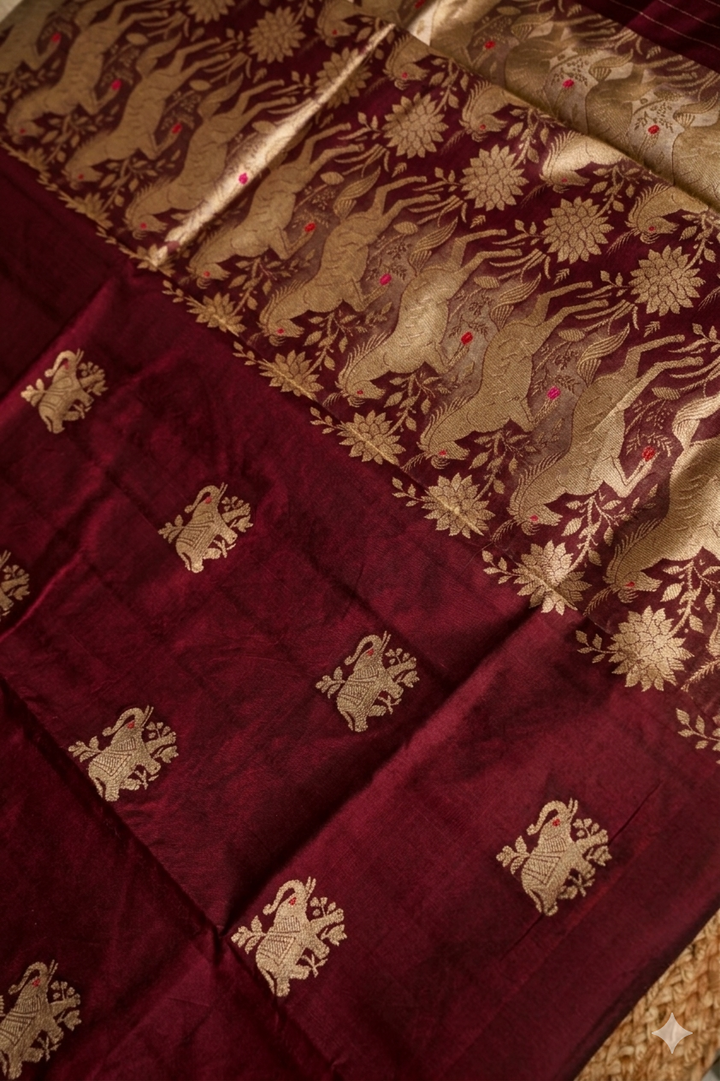 Royal Maroon Handwoven Banarasi Pure Puna Silk Saree with Zari Elephant Motifs